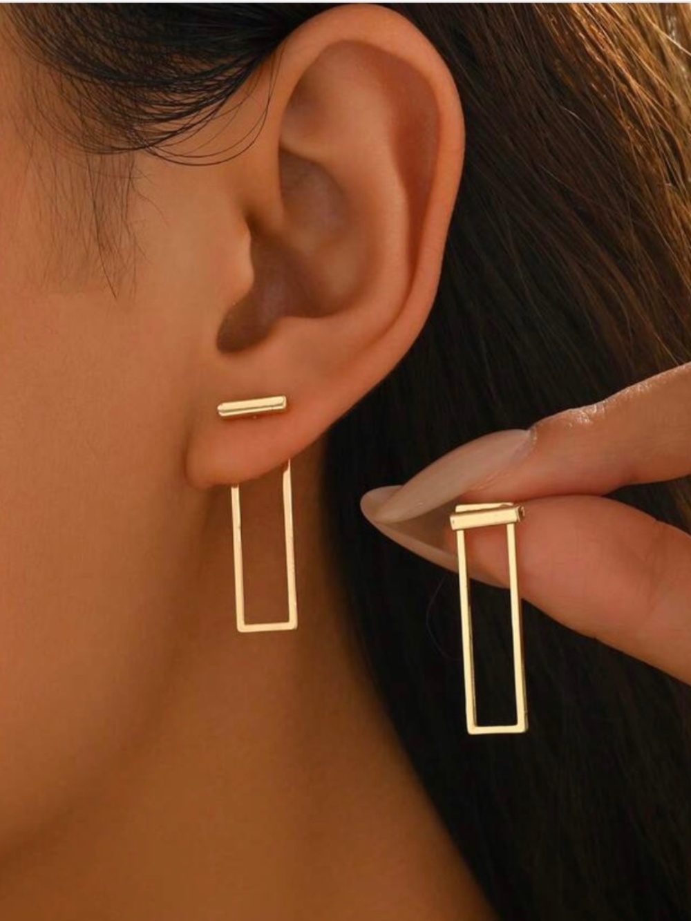 Gold Geometric Rectangle Jacket Drop Earrings Minimalist Modern | New